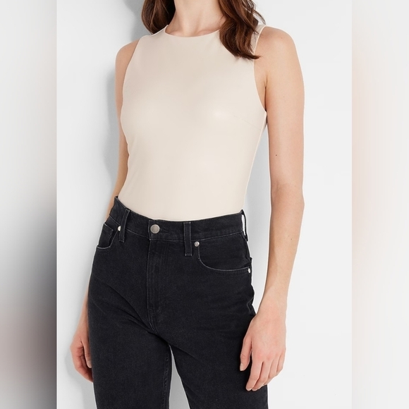 Express Tops - Express Scoop Neck Cream Eco Leather Sleeveless Body Con‎ Bodysuit